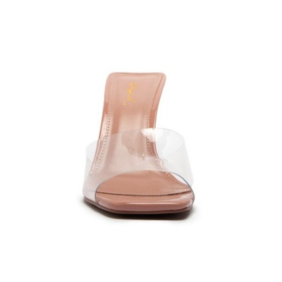 NEW Clear Blush Transparent Band Square Open Toe Slip On Heeled Mules Sandals - Picture 4 of 12